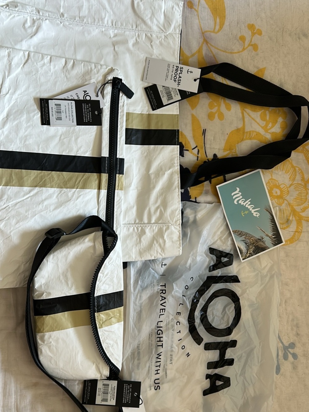 ALOHA Collection White Bag with Black and Gold Stripes